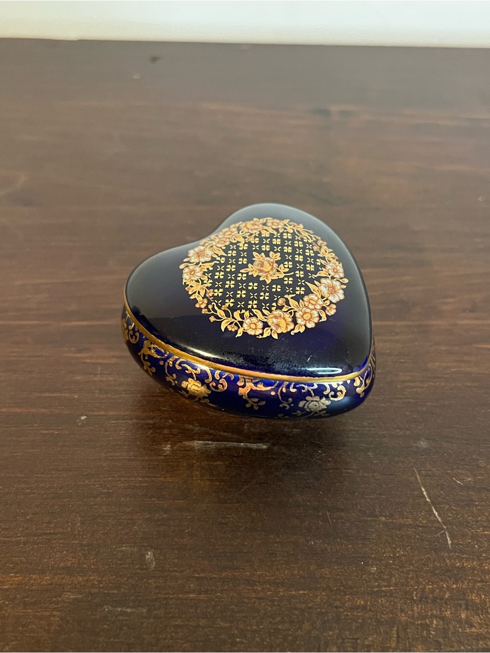 Vintage Limoges France heart shaped box porcelain cobalt 2.5"